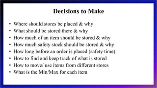 Decisions to Make
• Where should stores be placed & why
• What should be stored there & why
• How much of an item should be stored & why
• How much safety stock should be stored & why
• How long before an order is placed (safety time)
• How to find and keep track of what is stored
• How to move/ use items from different stores
• What is the Min/Max for each item
 