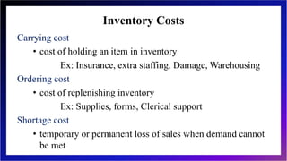 Inventory Costs
Carrying cost
• cost of holding an item in inventory
Ex: Insurance, extra staffing, Damage, Warehousing
Ordering cost
• cost of replenishing inventory
Ex: Supplies, forms, Clerical support
Shortage cost
• temporary or permanent loss of sales when demand cannot
be met
 