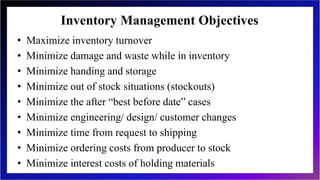 Inventory Management Objectives
• Maximize inventory turnover
• Minimize damage and waste while in inventory
• Minimize handing and storage
• Minimize out of stock situations (stockouts)
• Minimize the after “best before date” cases
• Minimize engineering/ design/ customer changes
• Minimize time from request to shipping
• Minimize ordering costs from producer to stock
• Minimize interest costs of holding materials
 