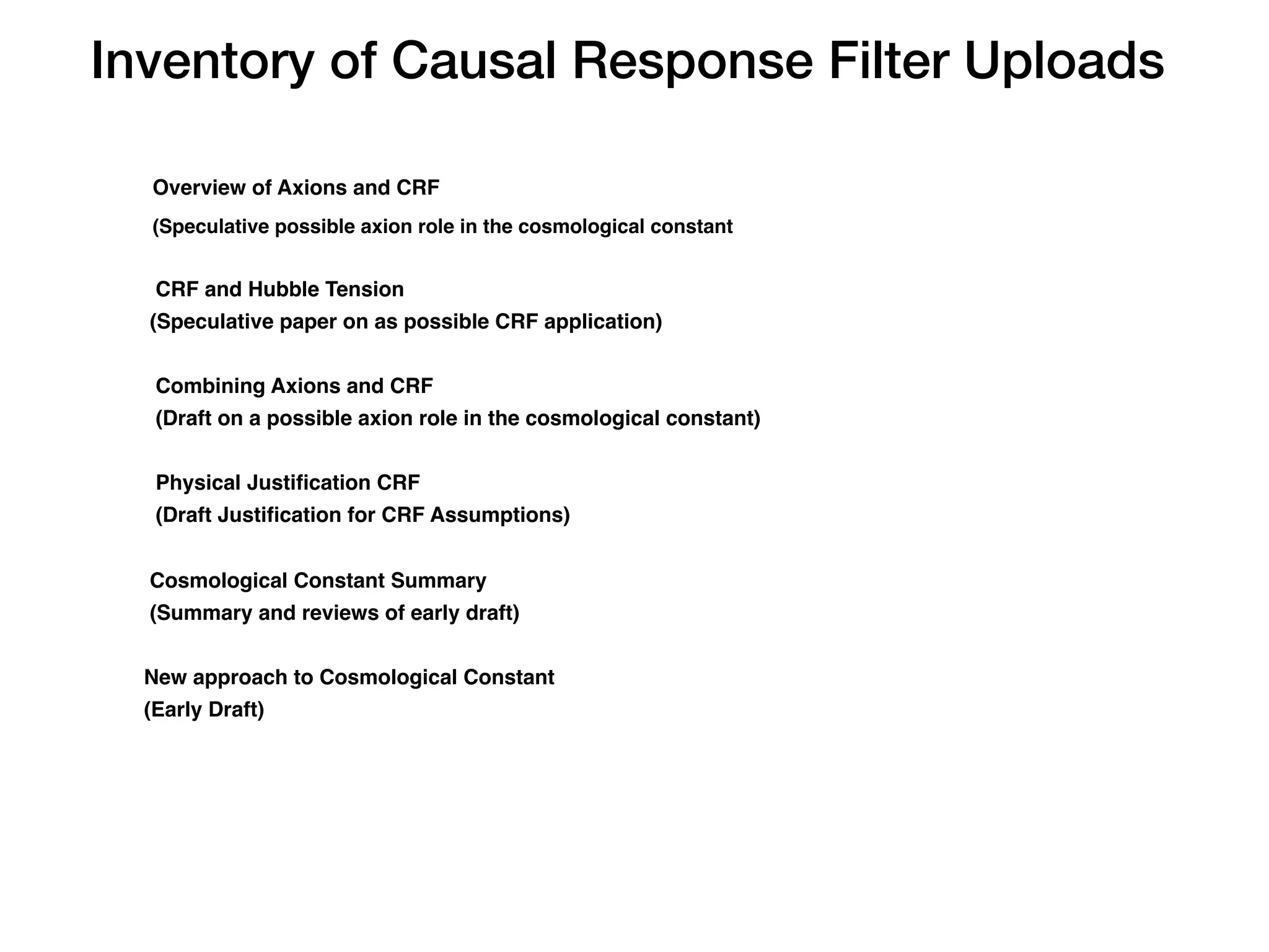 Inventory of Causal Response Filter Uploads
Overview of Axions and CRF
(Speculative possible axion role in the cosmological constant
CRF and Hubble Tension
(Speculative paper on as possible CRF application)
Combining Axions and CRF
(Draft on a possible axion role in the cosmological constant)
Physical Justi
fi
cation CRF
(Draft Justi
fi
cation for CRF Assumptions)
Cosmological Constant Summary
(Summary and reviews of early draft)
New approach to Cosmological Constant
(Early Draft)
 