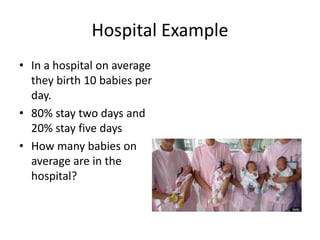 Hospital Example 
• In a hospital on average 
they birth 10 babies per 
day. 
• 80% stay two days and 
20% stay five days 
• How many babies on 
average are in the 
hospital? 
 