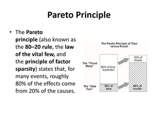 Pareto Principle 
• The Pareto 
principle (also known as 
the 80–20 rule, the law 
of the vital few, and 
the principle of factor 
sparsity) states that, for 
many events, roughly 
80% of the effects come 
from 20% of the causes. 
 