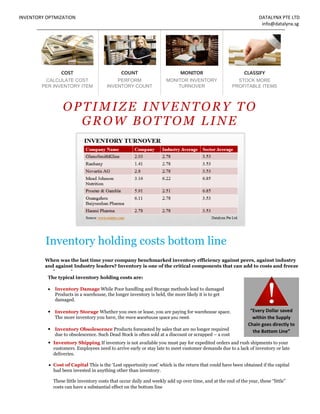 INVENTORY OPTMIZATION

DATALYNX PTE LTD
info@datalynx.sg

COST

COUNT

MONITOR

CLASSIFY

CALCULATE COST
PER INVENTORY ITEM

PERFORM
INVENTORY COUNT

MONITOR INVENTORY
TURNOVER

STOCK MORE
PROFITABLE ITEMS

OPTIMIZE INVENTORY TO
GROW BOTTOM LINE

Inventory holding costs bottom line
When was the last time your company benchmarked inventory efficiency against peers, against industry
and against Industry leaders? Inventory is one of the critical components that can add to costs and freeze
up free cash
The typical inventory holding costs are:


Inventory Damage While Poor handling and Storage methods lead to damaged
Products in a warehouse, the longer inventory is held, the more likely it is to get
damaged.

• Inventory Storage Whether you own or lease, you are paying for warehouse space.
The more inventory you have, the more warehouse space you need.

• Inventory Obsolescence Products forecasted by sales that are no longer required
•

“Every Dollar saved
within the Supply
Chain goes directly to
the Bottom Line”

due to obsolescence. Such Dead Stock is often sold at a discount or scrapped – a cost
that is often hidden or ignored.
Inventory Shipping If inventory is not available you must pay for expedited orders and rush shipments to your
customers. Employees need to arrive early or stay late to meet customer demands due to a lack of inventory or late
deliveries.

 Cost of Capital This is the ‘Lost opportunity cost’ which is the return that could have been obtained if the capital
had been invested in anything other than inventory.
These little inventory costs that occur daily and weekly add up over time, and at the end of the year, these “little”
costs can have a substantial effect on the bottom line

 