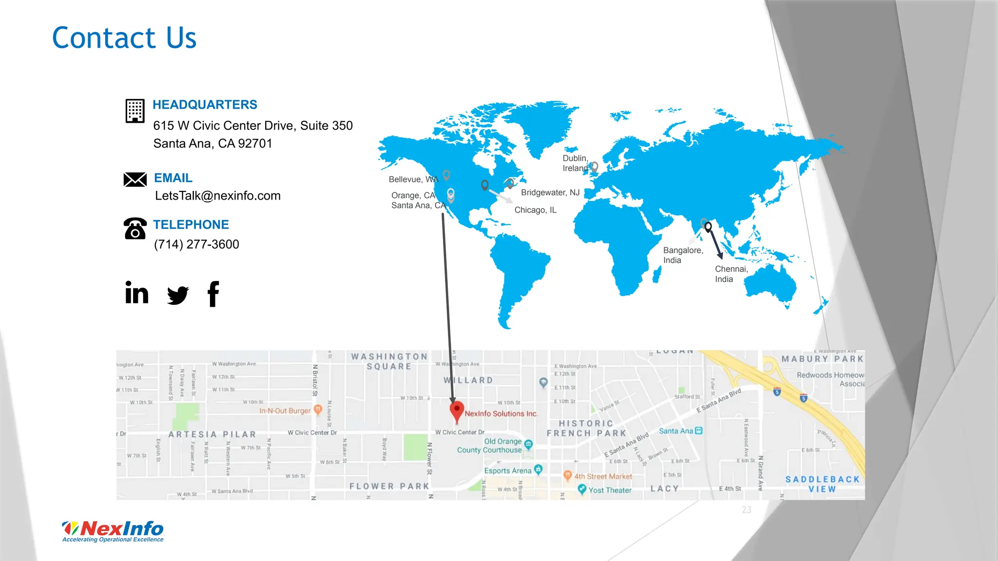 23
Contact Us
HEADQUARTERS
615 W Civic Center Drive, Suite 350
Santa Ana, CA 92701
EMAIL
LetsTalk@nexinfo.com
TELEPHONE
(714) 277-3600
Bellevue, WA
Orange, CA
Santa Ana, CA
Bridgewater, NJ
Chicago, IL
Dublin,
Ireland
Chennai,
India
Bangalore,
India
 