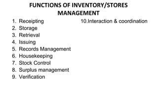 FUNCTIONS OF INVENTORY/STORES
MANAGEMENT
1. Receipting
2. Storage
3. Retrieval
4. Issuing
5. Records Management
6. Housekeeping
7. Stock Control
8. Surplus management
9. Verification
10.Interaction & coordination
 