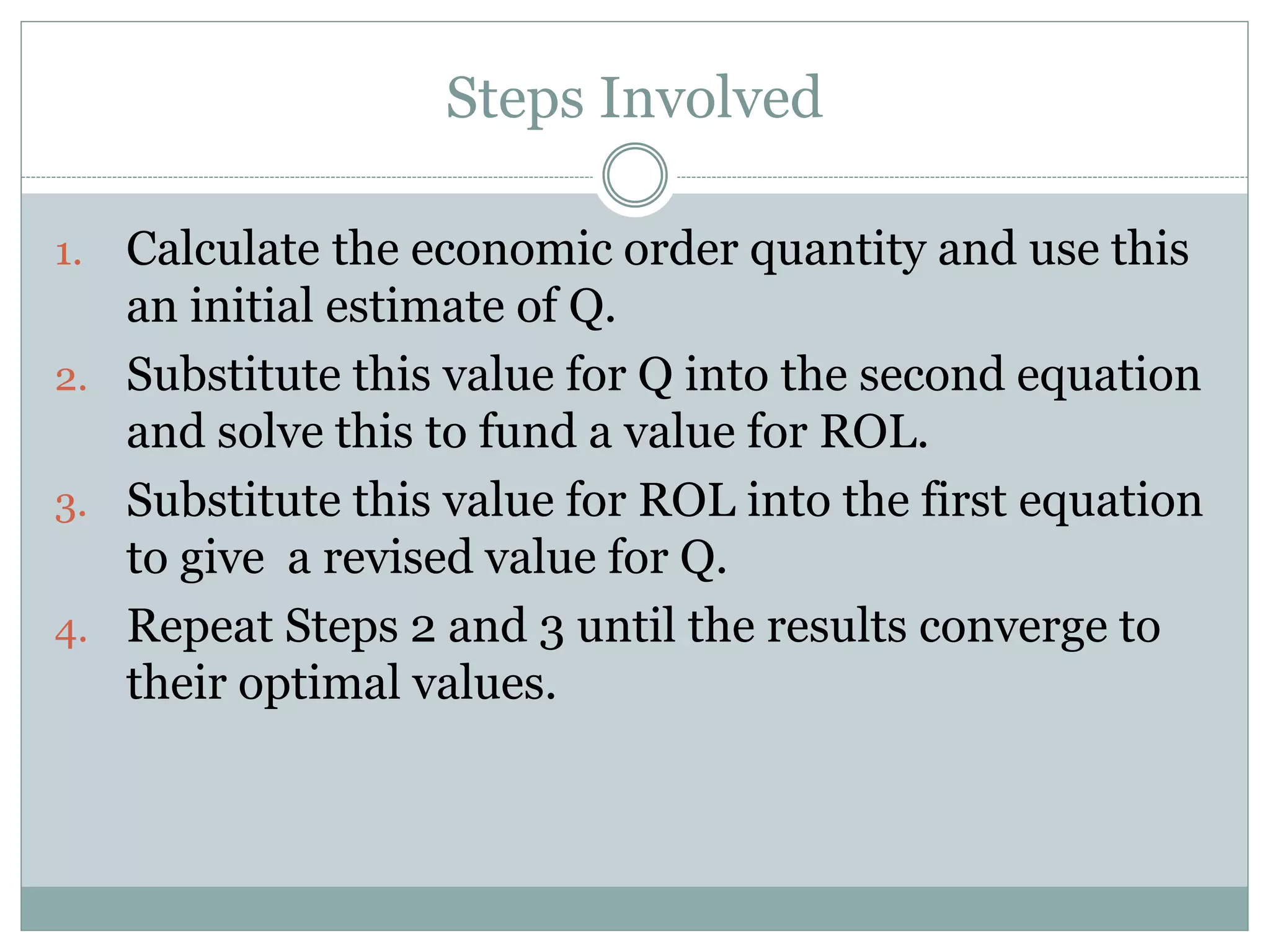 Steps Involved 
1. Calculate the economic order quantity and use this 
an initial estimate of Q. 
2. Substitute this value for Q into the second equation 
and solve this to fund a value for ROL. 
3. Substitute this value for ROL into the first equation 
to give a revised value for Q. 
4. Repeat Steps 2 and 3 until the results converge to 
their optimal values. 
 