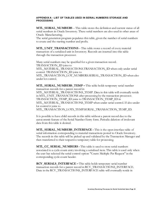 Inventory receiving processes for serial controlled items