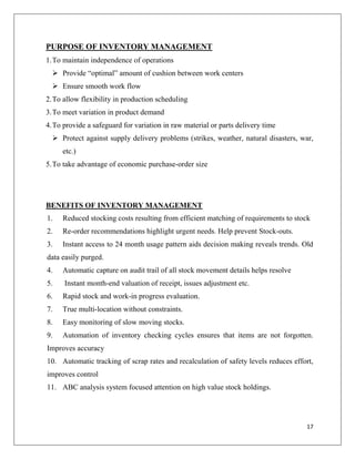 PURPOSE OF INVENTORY MANAGEMENT
1. To maintain independence of operations
   Provide “optimal” amount of cushion between work centers
   Ensure smooth work flow
2. To allow flexibility in production scheduling
3. To meet variation in product demand
4. To provide a safeguard for variation in raw material or parts delivery time
   Protect against supply delivery problems (strikes, weather, natural disasters, war,
     etc.)
5. To take advantage of economic purchase-order size




BENEFITS OF INVENTORY MANAGEMENT
1.   Reduced stocking costs resulting from efficient matching of requirements to stock
2.   Re-order recommendations highlight urgent needs. Help prevent Stock-outs.
3.   Instant access to 24 month usage pattern aids decision making reveals trends. Old
data easily purged.
4.   Automatic capture on audit trail of all stock movement details helps resolve
5.    Instant month-end valuation of receipt, issues adjustment etc.
6.   Rapid stock and work-in progress evaluation.
7.   True multi-location without constraints.
8.   Easy monitoring of slow moving stocks.
9.   Automation of inventory checking cycles ensures that items are not forgotten.
Improves accuracy
10. Automatic tracking of scrap rates and recalculation of safety levels reduces effort,
improves control
11. ABC analysis system focused attention on high value stock holdings.




                                                                                     17
 