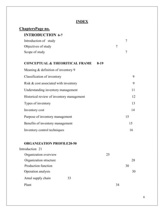 INDEX
ChaptersPage no.
   INTRODUCTION 6-7
   Introduction of study                                          7
   Objectives of study                                       7
   Scope of study                                                 7


   CONCEPTUAL & THEORITICAL FRAME                8-19
   Meaning & definition of inventory 9
   Classification of inventory                                              9
   Risk & cost associated with inventory                                    9
   Understanding inventory management                                   11
   Historical review of inventory management                            12
   Types of inventory                                                   13
   Inventory cost                                                       14
   Purpose of inventory management                                15
   Benefits of inventory management                                    15
   Inventory control techniques                                        16


   ORGANIZATION PROFILE20-50
Introduction 21
   Organization overview                                25
   Organization structure                                               28
   Production function                                            30
   Operation analysis                                                   30
   Amul supply chain              33
   Plant                                                     34


                                                                                6
 