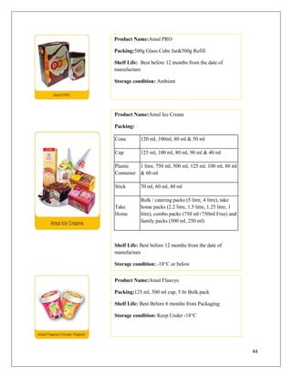 Product Name:Amul PRO

Packing:500g Glass Cube Jar&500g Refill

Shelf Life: Best before 12 months from the date of
manufacture

Storage condition: Ambient




Product Name:Amul Ice Cream

Packing:

Cone        120 ml, 100ml, 80 ml & 50 ml

Cup         125 ml, 100 ml, 80 ml, 90 ml & 40 ml

Plastic   1 litre, 750 ml, 500 ml, 125 ml, 100 ml, 80 ml
Container & 60 ml

Stick       70 ml, 60 ml, 40 ml

            Bulk / catering packs (5 litre, 4 litre), take
Take        home packs (2.2 litre, 1.5 litre, 1.25 litre, 1
Home        litre), combo packs (750 ml+750ml Free) and
            family packs (500 ml, 250 ml)



Shelf Life: Best before 12 months from the date of
manufacture

Storage condition: -18°C or below


Product Name:Amul Flaavyo

Packing:125 ml, 500 ml cup, 5 ltr Bulk pack

Shelf Life: Best Before 6 months from Packaging

Storage condition: Keep Under -18°C




                                                              44
 