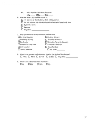 XIV.  Amul Rejoice Associated chocolate
           135g _____ 173g _____ 412g _____
6. How are orders grouped for dispatch?
        By location of distributors / stock list / customer
       On first booked first dispatch basis irrespective of location & item
       By similar items
       By route
       Any other ____________________

7. How you measure your warehouse performance
   On-time Dispatch                 On-time delivery
   Inventory acuracy                 Accuracy of invoice
   Stock outs                       Mismatch / error in dispatch
   Warehouse cycle time             Customer complains
   Unit handled                      Value handled
    Do not measure                     Any other _________

8. What is the average replenishment time for the dealers/distributors?
     24hrs        48hrs     1 week       15 days       Any other ______________

9. What is the rate of obsolete inventory?
   <10%      10-25%        25-50%       >50%




                                                                                  97
 