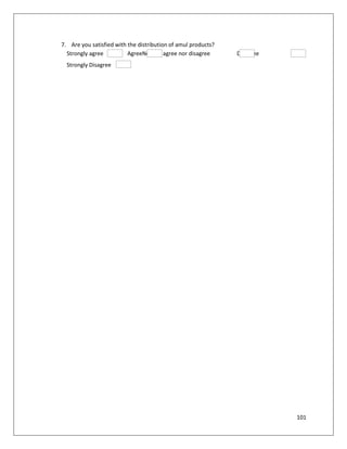 7. Are you satisfied with the distribution of amul products?
  Strongly agree          AgreeNeither agree nor disagree      Disagree
  Strongly Disagree




                                                                          101
 
