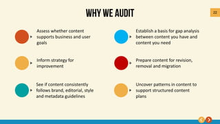 22
Assess whether content
supports business and user
goals
Inform strategy for
improvement
See if content consistently
follows brand, editorial, style
and metadata guidelines
Establish a basis for gap analysis
between content you have and
content you need
Prepare content for revision,
removal and migration
Uncover patterns in content to
support structured content
plans
 