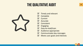 26
Timely and relevant
Complete
Current
Accurate
Consistent
Engaging
Easy-to-read/scan
Audience-appropriate
Communicates key messages
Meets user goals and interests
 