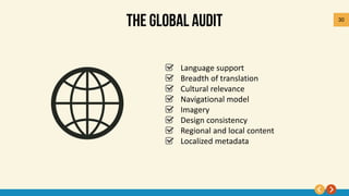 30
Language support
Breadth of translation
Cultural relevance
Navigational model
Imagery
Design consistency
Regional and local content
Localized metadata
 