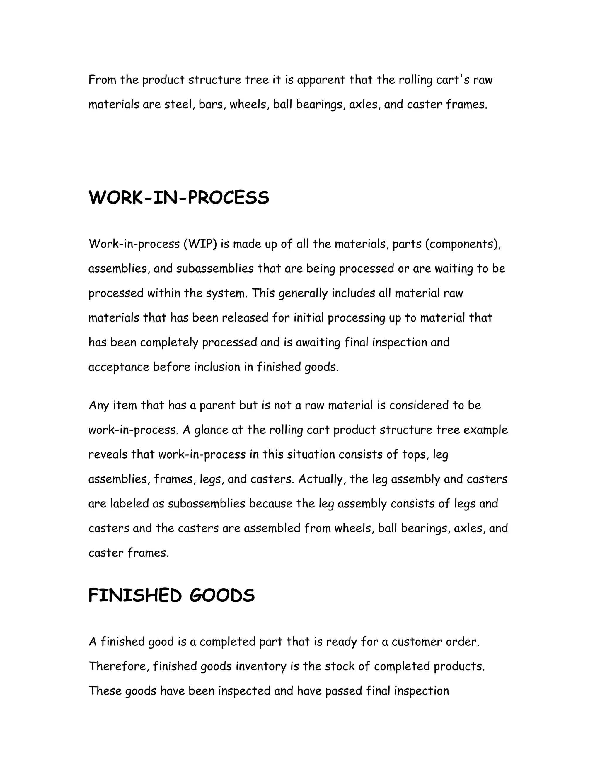 From the product structure tree it is apparent that the rolling cart's raw

materials are steel, bars, wheels, ball bearings, axles, and caster frames.




WORK-IN-PROCESS

Work-in-process (WIP) is made up of all the materials, parts (components),

assemblies, and subassemblies that are being processed or are waiting to be

processed within the system. This generally includes all material raw

materials that has been released for initial processing up to material that

has been completely processed and is awaiting final inspection and

acceptance before inclusion in finished goods.


Any item that has a parent but is not a raw material is considered to be

work-in-process. A glance at the rolling cart product structure tree example

reveals that work-in-process in this situation consists of tops, leg

assemblies, frames, legs, and casters. Actually, the leg assembly and casters

are labeled as subassemblies because the leg assembly consists of legs and

casters and the casters are assembled from wheels, ball bearings, axles, and

caster frames.


FINISHED GOODS

A finished good is a completed part that is ready for a customer order.

Therefore, finished goods inventory is the stock of completed products.

These goods have been inspected and have passed final inspection
 