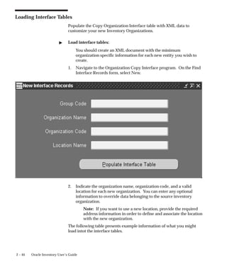 2 – 44 Oracle Inventory User’s Guide
Loading Interface Tables
Populate the Copy Organization Interface table with XML data to
customize your new Inventory Organizations.
" Load interface tables:
You should create an XML document with the minimum
organization specific information for each new entity you wish to
create.
1. Navigate to the Organization Copy Interface program. On the Find
Interface Records form, select New.
2. Indicate the organization name, organization code, and a valid
location for each new organization. You can enter any optional
information to override data belonging to the source inventory
organization.
Note: If you want to use a new location, provide the required
address information in order to define and associate the location
with the new organization.
The following table presents example information of what you might
load intot the interface tables.
 
