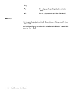 2 – 48 Oracle Inventory User’s Guide
Purge
No Do not purge Copy Organization Interface
Tables.
Yes Purge Copy Organization Interface Tables.
See Also
Creating an Organization, Oracle Human Resource Management Systems
User’s Guide
Creating Organization Hierarchies, Oracle Human Resource Management
Systems User’s Guide
 