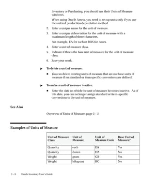 3 – 6 Oracle Inventory User’s Guide
Inventory or Purchasing, you should use their Units of Measure
windows.
When using Oracle Assets, you need to set up units only if you use
the units of production depreciation method.
2. Enter a unique name for the unit of measure.
3. Enter a unique abbreviation for the unit of measure with a
maximum length of three characters.
For example, EA for each or HRS for hours.
4. Enter a unit of measure class.
5. Indicate if this is the base unit of measure for the unit of measure
class.
6. Save your work.
" To delete a unit of measure:
H You can delete existing units of measure that are not base units of
measure if no standard or item specific conversions are defined.
" To make a unit of measure inactive:
H Enter the date on which the unit of measure becomes inactive. As of
this date, you can no longer assign standard or item–specific
conversions to the unit of measure.
See Also
Overview of Units of Measure: page 3 – 2
Examples of Units of Measure
Unit of Measure
Class
Unit of
Measure
Unit of
Measure Code
Base Unit of
Measure?
Quantity each EA Yes
Quantity dozen DZ No
Weight gram GR Yes
Weight kilogram KG No
 
