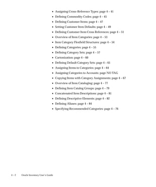4 – 2 Oracle Inventory User’s Guide
• Assigning Cross–Reference Types: page 4 – 41
• Defining Commodity Codes: page 4 – 45
• Defining Customer Items: page 4 – 47
• Setting Customer Item Defaults: page 4 – 49
• Defining Customer Item Cross References: page 4 – 51
• Overview of Item Categories: page 4 – 53
• Item Category Flexfield Structures: page 4 – 54
• Defining Categories: page 4 – 55
• Defining Category Sets: page 4 – 57
• Cartonization: page 4 – 60
• Defining Default Category Sets: page 4 – 61
• Assigning Items to Categories: page 4 – 64
• Assigning Categories to Accounts: page NO TAG
• Copying Items with Category Assignments: page 4 – 67
• Overview of Item Cataloging: page 4 – 77
• Defining Item Catalog Groups: page 4 – 79
• Concatenated Item Descriptions: page 4 – 81
• Defining Descriptive Elements: page 4 – 82
• Defining Aliases: page 4 – 84
• Specifying Recommended Categories: page 4 – 76
 