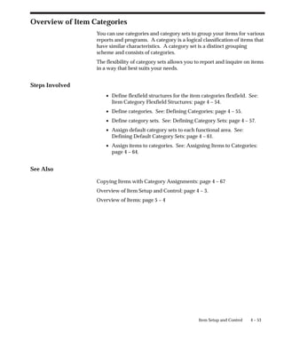4 – 53
Item Setup and Control
Overview of Item Categories
You can use categories and category sets to group your items for various
reports and programs. A category is a logical classification of items that
have similar characteristics. A category set is a distinct grouping
scheme and consists of categories.
The flexibility of category sets allows you to report and inquire on items
in a way that best suits your needs.
Steps Involved
• Define flexfield structures for the item categories flexfield. See:
Item Category Flexfield Structures: page 4 – 54.
• Define categories. See: Defining Categories: page 4 – 55.
• Define category sets. See: Defining Category Sets: page 4 – 57.
• Assign default category sets to each functional area. See:
Defining Default Category Sets: page 4 – 61.
• Assign items to categories. See: Assigning Items to Categories:
page 4 – 64.
See Also
Copying Items with Category Assignments: page 4 – 67
Overview of Item Setup and Control: page 4 – 3.
Overview of Items: page 5 – 4
 