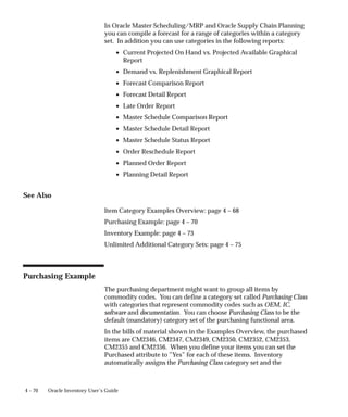 4 – 70 Oracle Inventory User’s Guide
In Oracle Master Scheduling/MRP and Oracle Supply Chain Planning
you can compile a forecast for a range of categories within a category
set. In addition you can use categories in the following reports:
• Current Projected On Hand vs. Projected Available Graphical
Report
• Demand vs. Replenishment Graphical Report
• Forecast Comparison Report
• Forecast Detail Report
• Late Order Report
• Master Schedule Comparison Report
• Master Schedule Detail Report
• Master Schedule Status Report
• Order Reschedule Report
• Planned Order Report
• Planning Detail Report
See Also
Item Category Examples Overview: page 4 – 68
Purchasing Example: page 4 – 70
Inventory Example: page 4 – 73
Unlimited Additional Category Sets: page 4 – 75
Purchasing Example
The purchasing department might want to group all items by
commodity codes. You can define a category set called Purchasing Class
with categories that represent commodity codes such as OEM, IC,
software and documentation. You can choose Purchasing Class to be the
default (mandatory) category set of the purchasing functional area.
In the bills of material shown in the Examples Overview, the purchased
items are CM2346, CM2347, CM2349, CM2350, CM2352, CM2353,
CM2355 and CM2356. When you define your items you can set the
Purchased attribute to ”Yes” for each of these items. Inventory
automatically assigns the Purchasing Class category set and the
 