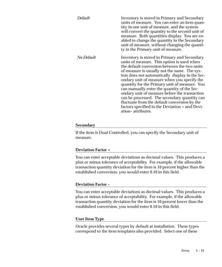 5 – 43
Items
Default Inventory is stored in Primary and Secondary
units of measure. You can enter an item quan-
tity in one unit of measure, and the system
will convert the quantity to the second unit of
measure. Both quantities display. You are en-
abled to change the quantity in the Secondary
unit of measure, without changing the quanti-
ty in the Primary unit of measure.
No Default Inventory is stored in Primary and Secondary
units of measure. This option is used when
the default conversion between the two units
of measure is usually not the same. The sys-
tem does not automatically display in the Sec-
ondary unit of measure when you specify the
quantity for the Primary unit of measure. You
can manually enter the quantity of the Sec-
ondary unit of measure before the transaction
can be processed. The secondary quantity can
fluctuate from the default conversion by the
factors specified in the Deviation + and Devi-
ation– attributes.
Secondary
If the item is Dual Controlled, you can specify the Secondary unit of
measure.
Deviation Factor +
You can enter acceptable deviations as decimal values. This produces a
plus or minus tolerance of acceptability. For example, if the allowable
transaction quantity deviation for the item is 10 percent higher than the
established conversion, you would enter 0.10 in this field.
Deviation Factor –
You can enter acceptable deviations as decimal values. This produces a
plus or minus tolerance of acceptability. For example, if the allowable
transaction quantity deviation for the item is 10 percent lower than the
established conversion, you would enter 0.10 in this field.
User Item Type
Oracle provides several types by default at installation. These types
correspond to the item templates also provided. Select one of these
 