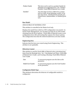 5 – 56 Oracle Inventory User’s Guide
Product Family This item can be used as a product family for
planning at an aggregate level. See: Product
Families, Oracle Bills of Material User’s Guide.
Standard Any item that can have a bill or be a compo-
nent on a bill, except planning, model, or op-
tion class items. Standard items include pur-
chased items, subassemblies, or finished prod-
ucts.
Base Model
ORACLE BILLS OF MATERIAL ONLY
This attribute is controlled at the Master level only.
Displays the model from which an ATO configuration was created. In
Oracle Order Management, you can place an order for an ATO model,
choosing from the list of options. Oracle Bills of Material creates a new
configuration item, bill, and routing that captures the chosen options.
The configuration item lists the ordered model item as its base model.
Engineering Item
Indicates that the item was created using Oracle Engineering. This
attribute is not updatable.
Effectivity Control
This attribute is used by Oracle Bills of Material when calculating lead
times from the Routings form. See: Calculating Lead Times, Oracle Bills
of Material User’s Guide., and Creating a Routing, Oracle Bills of Material
User’s Guide.
Date A concurrent program uses the date as the
parameter.
Model/Unit Number A concurrent program uses the Unit Number
as the parameter.
Configurator Model Type
This attributes determines the behavior of configurable models in
configurator.
 