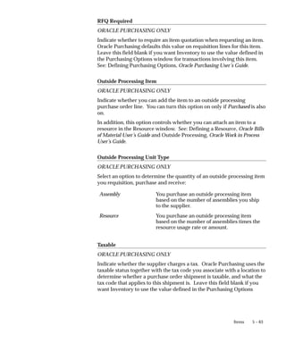 5 – 63
Items
RFQ Required
ORACLE PURCHASING ONLY
Indicate whether to require an item quotation when requesting an item.
Oracle Purchasing defaults this value on requisition lines for this item.
Leave this field blank if you want Inventory to use the value defined in
the Purchasing Options window for transactions involving this item.
See: Defining Purchasing Options, Oracle Purchasing User’s Guide.
Outside Processing Item
ORACLE PURCHASING ONLY
Indicate whether you can add the item to an outside processing
purchase order line. You can turn this option on only if Purchased is also
on.
In addition, this option controls whether you can attach an item to a
resource in the Resource window. See: Defining a Resource, Oracle Bills
of Material User’s Guide and Outside Processing, Oracle Work in Process
User’s Guide.
Outside Processing Unit Type
ORACLE PURCHASING ONLY
Select an option to determine the quantity of an outside processing item
you requisition, purchase and receive:
Assembly You purchase an outside processing item
based on the number of assemblies you ship
to the supplier.
Resource You purchase an outside processing item
based on the number of assemblies times the
resource usage rate or amount.
Taxable
ORACLE PURCHASING ONLY
Indicate whether the supplier charges a tax. Oracle Purchasing uses the
taxable status together with the tax code you associate with a location to
determine whether a purchase order shipment is taxable, and what the
tax code that applies to this shipment is. Leave this field blank if you
want Inventory to use the value defined in the Purchasing Options
 