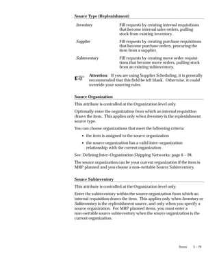 ☞
5 – 79
Items
Source Type (Replenishment)
Inventory Fill requests by creating internal requisitions
that become internal sales orders, pulling
stock from existing inventory.
Supplier Fill requests by creating purchase requisitions
that become purchase orders, procuring the
item from a supplier.
Subinventory Fill requests by creating move order requisi-
tions that become move orders, pulling stock
from an existing subinventory.
Attention: If you are using Supplier Scheduling, it is generally
recommended that this field be left blank. Otherwise, it could
override your sourcing rules.
Source Organization
This attribute is controlled at the Organization level only.
Optionally enter the organization from which an internal requisition
draws the item. This applies only when Inventory is the replenishment
source type.
You can choose organizations that meet the following criteria:
• the item is assigned to the source organization
• the source organization has a valid inter–organization
relationship with the current organization
See: Defining Inter–Organization Shipping Networks: page 6 – 28.
The source organization can be your current organization if the item is
MRP planned and you choose a non–nettable Source Subinventory.
Source Subinventory
This attribute is controlled at the Organization level only.
Enter the subinventory within the source organization from which an
internal requisition draws the item. This applies only when Inventory or
Subinventory is the replenishment source, and only when you specify a
source organization. For MRP planned items, you must enter a
non–nettable source subinventory when the source organization is the
current organization.
 
