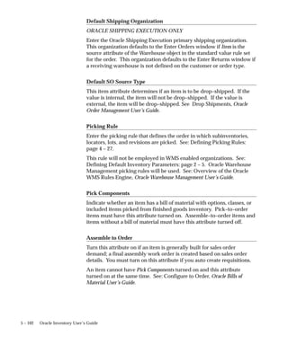 5 – 102 Oracle Inventory User’s Guide
Default Shipping Organization
ORACLE SHIPPING EXECUTION ONLY
Enter the Oracle Shipping Execution primary shipping organization.
This organization defaults to the Enter Orders window if Item is the
source attribute of the Warehouse object in the standard value rule set
for the order. This organization defaults to the Enter Returns window if
a receiving warehouse is not defined on the customer or order type.
Default SO Source Type
This item attribute determines if an item is to be drop–shipped. If the
value is internal, the item will not be drop–shipped. If the value is
external, the item will be drop–shipped. See Drop Shipments, Oracle
Order Management User’s Guide.
Picking Rule
Enter the picking rule that defines the order in which subinventories,
locators, lots, and revisions are picked. See: Defining Picking Rules:
page 4 – 27.
This rule will not be employed in WMS enabled organizations. See:
Defining Default Inventory Parameters: page 2 – 5. Oracle Warehouse
Management picking rules will be used. See: Overview of the Oracle
WMS Rules Engine, Oracle Warehouse Management User’s Guide.
Pick Components
Indicate whether an item has a bill of material with options, classes, or
included items picked from finished goods inventory. Pick–to–order
items must have this attribute turned on. Assemble–to–order items and
items without a bill of material must have this attribute turned off.
Assemble to Order
Turn this attribute on if an item is generally built for sales order
demand; a final assembly work order is created based on sales order
details. You must turn on this attribute if you auto create requisitions.
An item cannot have Pick Components turned on and this attribute
turned on at the same time. See: Configure to Order, Oracle Bills of
Material User’s Guide.
 
