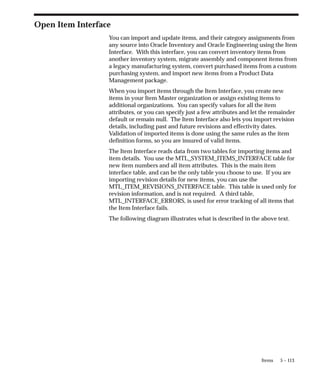5 – 113
Items
Open Item Interface
You can import and update items, and their category assignments from
any source into Oracle Inventory and Oracle Engineering using the Item
Interface. With this interface, you can convert inventory items from
another inventory system, migrate assembly and component items from
a legacy manufacturing system, convert purchased items from a custom
purchasing system, and import new items from a Product Data
Management package.
When you import items through the Item Interface, you create new
items in your Item Master organization or assign existing items to
additional organizations. You can specify values for all the item
attributes, or you can specify just a few attributes and let the remainder
default or remain null. The Item Interface also lets you import revision
details, including past and future revisions and effectivity dates.
Validation of imported items is done using the same rules as the item
definition forms, so you are insured of valid items.
The Item Interface reads data from two tables for importing items and
item details. You use the MTL_SYSTEM_ITEMS_INTERFACE table for
new item numbers and all item attributes. This is the main item
interface table, and can be the only table you choose to use. If you are
importing revision details for new items, you can use the
MTL_ITEM_REVISIONS_INTERFACE table. This table is used only for
revision information, and is not required. A third table,
MTL_INTERFACE_ERRORS, is used for error tracking of all items that
the Item Interface fails.
The following diagram illustrates what is described in the above text.
 