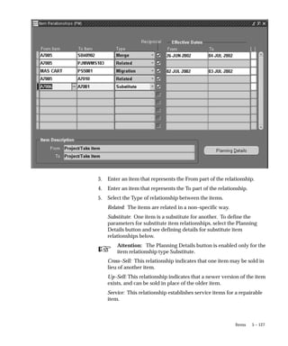 ☞
5 – 127
Items
3. Enter an item that represents the From part of the relationship.
4. Enter an item that represents the To part of the relationship.
5. Select the Type of relationship between the items.
Related: The items are related in a non–specific way.
Substitute: One item is a substitute for another. To define the
parameters for substitute item relationships, select the Planning
Details button and see defining details for substitute item
relationships below.
Attention: The Planning Details button is enabled only for the
item relationship type Substitute.
Cross–Sell: This relationship indicates that one item may be sold in
lieu of another item.
Up–Sell: This relationship indicates that a newer version of the item
exists, and can be sold in place of the older item.
Service: This relationship establishes service items for a repairable
item.
 