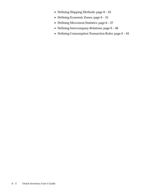 6 – 2 Oracle Inventory User’s Guide
• Defining Shipping Methods: page 6 – 33
• Defining Economic Zones: page 6 – 35
• Defining Movement Statistics: page 6 – 37
• Defining Intercompany Relations: page 6 – 40
• Defining Consumption Transaction Rules: page 6 – 43
 