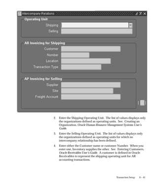 6 – 41
Transaction Setup
2. Enter the Shipping Operating Unit. The list of values displays only
the organizations defined as operating units. See: Creating an
Organization, Oracle Human Resource Management Systems User’s
Guide.
3. Enter the Selling Operating Unit. The list of values displays only
the organizations defined as operating units for which no
intercompany relationship has been defined.
4. Enter either the Customer name or customer Number. When you
enter one, Inventory supplies the other. See: Entering Customers,
Oracle Receivables User’s Guide. A customer is defined in Oracle
Receivables to represent the shipping operating unit for AR
accounting transactions.
 