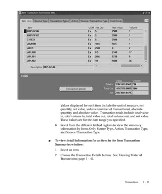 7 – 47
Transactions
Values displayed for each item include the unit of measure, net
quantity, net value, volume (number of transactions), absolute
quantity, and absolute value. Transaction totals include total value
in, total volume in, total value out, total volume out, and net value.
These values are for the date range you specified.
6. Select from the different tabbed regions to view the summary
information by Items Only, Source Type, Action, Transaction Type,
and Source/Transaction Type.
" To view detail information for an item in the Item Transaction
Summaries window:
1. Select an item.
2. Choose the Transaction Details button. See: Viewing Material
Transactions: page 7 – 43.
 