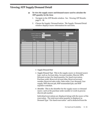 8 – 63
On–hand and Availability
Viewing ATP Supply/Demand Detail
" To view the supply source and demand source used to calculate the
ATP quantity for the item:
1. Navigate to the ATP Results window. See: Viewing ATP Results:
page 8 – 58.
2. Choose the Supply/Demand button. The Supply/Demand Detail
window displays source information for each item.
• Supply/Demand Date
• Supply/Demand Type: This is the supply source or demand source
type, such as Account alias, Account number, Discrete MPS,
Intransit receipt, On–hand quantity, On–hand reservation,
Purchase order, Reserved account alias, Reserved account
number, Reserved sales order, Sales order, User demand, User
supply, WIP discrete job, WIP nonstandard job, and WIP
repetitive schedule.
• Identifier: This is the identifier for the supply source or demand
source, such as the purchase order number or work in process
discrete job number.
Individual reservations are displayed along with the source of the
reservation. The total reservation quantity is displayed as
Demand Type ”On–hand reservation” and is deducted from the
 