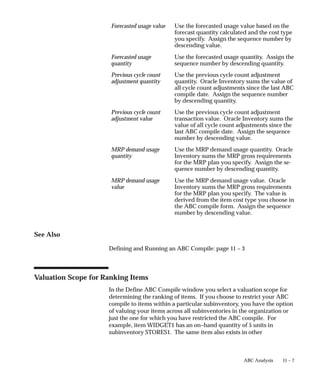 11 – 7
ABC Analysis
Forecasted usage value Use the forecasted usage value based on the
forecast quantity calculated and the cost type
you specify. Assign the sequence number by
descending value.
Forecasted usage
quantity
Use the forecasted usage quantity. Assign the
sequence number by descending quantity.
Previous cycle count
adjustment quantity
Use the previous cycle count adjustment
quantity. Oracle Inventory sums the value of
all cycle count adjustments since the last ABC
compile date. Assign the sequence number
by descending quantity.
Previous cycle count
adjustment value
Use the previous cycle count adjustment
transaction value. Oracle Inventory sums the
value of all cycle count adjustments since the
last ABC compile date. Assign the sequence
number by descending value.
MRP demand usage
quantity
Use the MRP demand usage quantity. Oracle
Inventory sums the MRP gross requirements
for the MRP plan you specify. Assign the se-
quence number by descending quantity.
MRP demand usage
value
Use the MRP demand usage value. Oracle
Inventory sums the MRP gross requirements
for the MRP plan you specify. The value is
derived from the item cost type you choose in
the ABC compile form. Assign the sequence
number by descending value.
See Also
Defining and Running an ABC Compile: page 11 – 3
Valuation Scope for Ranking Items
In the Define ABC Compile window you select a valuation scope for
determining the ranking of items. If you choose to restrict your ABC
compile to items within a particular subinventory, you have the option
of valuing your items across all subinventories in the organization or
just the one for which you have restricted the ABC compile. For
example, item WIDGET1 has an on–hand quantity of 5 units in
subinventory STORES1. The same item also exists in other
 