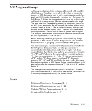 11 – 11
ABC Analysis
ABC Assignment Groups
ABC assignment groups link a particular ABC compile with a valid set
of ABC classes. This allows you to selectively reduce or increase the
number of ABC classes you want to use in your item assignments for a
particular ABC compile. For example, you might have five classes, A,
B, C, D, and E, defined for your organization where you perform your
ABC analysis by subinventory. The first subinventory is rather small.
You need only three classes in which to divide your items. You define
an ABC group, associating the ABC compile for the first subinventory
with the classes A, B, and C. The second subinventory for which you
compile an ABC analysis is much larger. There are five distinct value
groupings of items. You define a second ABC group, associating the
ABC compile for the second subinventory with all five classes defined
for your organization, A, B, C, D, and E.
Oracle Inventory uses these groups when you automatically assign
your items to ABC classes. It ensures that you divide your items into
the exact number of groupings you specified in the ABC group.
You must also assign a sequence number to each class associated with
the ABC group. The class with the lowest sequence number is
assumed to have the highest rank and will have higher rank items
assigned to that class than the next higher sequence number. Using the
”A”, ”B”, and ”C” classes in the example above, you might assign the
”A” class a sequence number of ”1”, the ”B” class a sequence number
of ”2”, and the ”C” class a sequence number of ”3”. (Sequence
numbers ”10”, ”20”, and ”30” would give the same result.) When you
later assign your items to ABC classes, the first grouping of items in the
descending value list are assigned to class ”A”, the next to ”B”, and the
last to ”C”.
You may update an assignment group to add new classes. However,
you cannot delete a class. If you need to delete a class, you must create
a new assignment group with only the desired classes.
See Also
Defining ABC Assignment Groups: page 11 – 12
Defining ABC Item Assignments: page 11 – 14
Updating ABC Item Assignments: page 11 – 16
Overview of ABC Analysis: page 11 – 2
 