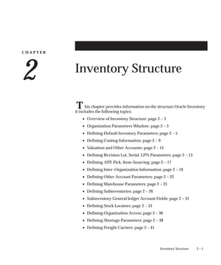 C H A P T E R
2
T
2 – 1
Inventory Structure
Inventory Structure
his chapter provides information on the structure Oracle Inventory
it includes the following topics:
• Overview of Inventory Structure: page 2 – 3
• Organization Parameters Window: page 2 – 5
• Defining Default Inventory Parameters: page 2 – 5
• Defining Costing Information: page 2 – 9
• Valuation and Other Accounts: page 2 – 12
• Defining Revision Lot, Serial, LPN Parameters: page 2 – 13
• Defining ATP, Pick, Item–Sourcing: page 2 – 17
• Defining Inter–Organization Information: page 2 – 19
• Defining Other Account Parameters: page 2 – 22
• Defining Warehouse Parameters: page 2 – 25
• Defining Subinventories: page 2 – 26
• Subinventory General ledger Account Fields: page 2 – 31
• Defining Stock Locators: page 2 – 33
• Defining Organization Access: page 2 – 36
• Defining Shortage Parameters: page 2 – 38
• Defining Freight Carriers: page 2 – 41
 