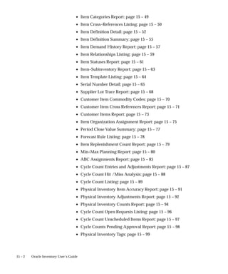 15 – 2 Oracle Inventory User’s Guide
• Item Categories Report: page 15 – 49
• Item Cross–References Listing: page 15 – 50
• Item Definition Detail: page 15 – 52
• Item Definition Summary: page 15 – 55
• Item Demand History Report: page 15 – 57
• Item Relationships Listing: page 15 – 59
• Item Statuses Report: page 15 – 61
• Item–Subinventory Report: page 15 – 63
• Item Template Listing: page 15 – 64
• Serial Number Detail: page 15 – 65
• Supplier Lot Trace Report: page 15 – 68
• Customer Item Commodity Codes: page 15 – 70
• Customer Item Cross References Report: page 15 – 71
• Customer Items Report: page 15 – 73
• Item Organization Assignment Report: page 15 – 75
• Period Close Value Summary: page 15 – 77
• Forecast Rule Listing: page 15 – 78
• Item Replenishment Count Report: page 15 – 79
• Min–Max Planning Report: page 15 – 80
• ABC Assignments Report: page 15 – 85
• Cycle Count Entries and Adjustments Report: page 15 – 87
• Cycle Count Hit /Miss Analysis: page 15 – 88
• Cycle Count Listing: page 15 – 89
• Physical Inventory Item Accuracy Report: page 15 – 91
• Physical Inventory Adjustments Report: page 15 – 92
• Physical Inventory Counts Report: page 15 – 94
• Cycle Count Open Requests Listing: page 15 – 96
• Cycle Count Unscheduled Items Report: page 15 – 97
• Cycle Counts Pending Approval Report: page 15 – 98
• Physical Inventory Tags: page 15 – 99
 