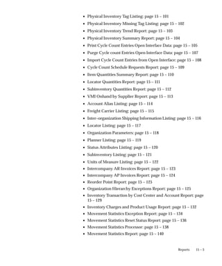 15 – 3
Reports
• Physical Inventory Tag Listing: page 15 – 101
• Physical Inventory Missing Tag Listing: page 15 – 102
• Physical Inventory Trend Report: page 15 – 103
• Physical Inventory Summary Report: page 15 – 104
• Print Cycle Count Entries Open Interface Data: page 15 – 105
• Purge Cycle count Entries Open Interface Data: page 15 – 107
• Import Cycle Count Entries from Open Interface: page 15 – 108
• Cycle Count Schedule Requests Report: page 15 – 109
• Item Quantities Summary Report: page 15 – 110
• Locator Quantities Report: page 15 – 111
• Subinventory Quantities Report: page 15 – 112
• VMI Onhand by Supplier Report: page 15 – 113
• Account Alias Listing: page 15 – 114
• Freight Carrier Listing: page 15 – 115
• Inter–organization Shipping Information Listing: page 15 – 116
• Locator Listing: page 15 – 117
• Organization Parameters: page 15 – 118
• Planner Listing: page 15 – 119
• Status Attributes Listing: page 15 – 120
• Subinventory Listing: page 15 – 121
• Units of Measure Listing: page 15 – 122
• Intercompany AR Invoices Report: page 15 – 123
• Intercompany AP Invoices Report: page 15 – 124
• Reorder Point Report: page 15 – 125
• Organization Hierarchy Exceptions Report: page 15 – 125
• Inventory Transaction by Cost Center and Account Report: page
15 – 129
• Inventory Charges and Product Usage Report: page 15 – 132
• Movement Statistics Exception Report: page 15 – 134
• Movement Statistics Reset Status Report: page 15 – 136
• Movement Statistics Processor: page 15 – 138
• Movement Statistics Report: page 15 – 140
 
