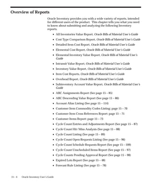 15 – 4 Oracle Inventory User’s Guide
Overview of Reports
Oracle Inventory provides you with a wide variety of reports, intended
for different users of the product. This chapter tells you what you need
to know about submitting and analyzing the following Inventory
reports.
• All Inventories Value Report, Oracle Bills of Material User’s Guide
• Cost Type Comparison Report, Oracle Bills of Material User’s Guide
• Detailed Item Cost Report, Oracle Bills of Material User’s Guide
• Elemental Cost Report, Oracle Bills of Material User’s Guide
• Elemental Inventory Value Report, Oracle Bills of Material User’s
Guide
• Intransit Value Report, Oracle Bills of Material User’s Guide
• Inventory Value Report, Oracle Bills of Material User’s Guide
• Item Cost Reports, Oracle Bills of Material User’s Guide
• Overhead Report, Oracle Bills of Material User’s Guide
• Subinventory Account Value Report, Oracle Bills of Material User’s
Guide
• ABC Assignments Report (See page 15 – 85)
• ABC Descending Value Report (See page 15 – 86)
• Account Alias Listing (See page 15 – 114)
• Customer Item Commodity Codes Listing: page 15 – 70
• Customer Item Cross References Report: page 15 – 71
• Customer Items Report: page 15 – 73
• Cycle Count Entries and Adjustments Report (See page 15 – 87)
• Cycle Count Hit/Miss Analysis (See page 15 – 88)
• Cycle Count Listing (See page 15 – 89)
• Cycle Count Open Requests Listing (See page 15 – 96)
• Cycle Count Schedule Requests Report (See page 15 – 109)
• Cycle Count Unscheduled Items Report (See page 15 – 97)
• Cycle Counts Pending Approval Report (See page 15 – 98)
• Expired Lots Report (See page 15 – 48)
• Forecast Rule Listing (See page 15 – 78)
 