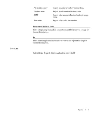 15 – 15
Reports
Physical Inventory Report physical inventory transactions.
Purchase order Report purchase order transactions.
RMA Report return material authorization transac-
tions.
Sales order Report sales order transactions.
Transaction Sources From
Enter a beginning transaction source to restrict the report to a range of
transaction sources.
To
Enter an ending transaction source to restrict the report to a range of
transaction sources.
See Also
Submitting a Request, Oracle Applications User’s Guide
 