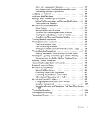 ix
Contents
Direct Inter–organization Transfers 7 – 17
. . . . . . . . . . . . . . . . . . . . .
Inter–Organization Transfers via Intransit Inventory 7 – 18
. . . . . .
Transferring Between Organizations 7 – 22
. . . . . . . . . . . . . . . . . . . .
Assigning Lot Numbers 7 – 29
. . . . . . . . . . . . . . . . . . . . . . . . . . . . . . . . . .
Assigning Serial Numbers 7 – 30
. . . . . . . . . . . . . . . . . . . . . . . . . . . . . . . .
Shortage Alerts and Shortage Notifications 7 – 32
. . . . . . . . . . . . . . . . . .
Setting Up Shortage Alerts and Shortage Notifications 7 – 33
. . . .
Viewing Potential Shortages 7 – 33
. . . . . . . . . . . . . . . . . . . . . . . . . . .
Overview of Movement Statistics 7 – 36
. . . . . . . . . . . . . . . . . . . . . . . . . .
Major Features 7 – 37
. . . . . . . . . . . . . . . . . . . . . . . . . . . . . . . . . . . . . . .
Setting Up Movement Statistics 7 – 39
. . . . . . . . . . . . . . . . . . . . . . . .
Automatically Generating Movement Statistics 7 – 40
. . . . . . . . . . .
Viewing and Maintaining Movement Statistics 7 – 41
. . . . . . . . . . .
Defaults in the Movement Statistics Window 7 – 41
. . . . . . . . . . . . .
Viewing Material Transactions 7 – 49
. . . . . . . . . . . . . . . . . . . . . . . . . . . .
Viewing Transaction Summaries 7 – 54
. . . . . . . . . . . . . . . . . . . . . . . . . . .
Viewing Accounting Lines 7 – 56
. . . . . . . . . . . . . . . . . . . . . . . . . . . .
View Accounting Windows 7 – 57
. . . . . . . . . . . . . . . . . . . . . . . . . . . .
Drilling Down to Inventory from Oracle General Ledger 7 – 58
. .
Viewing Pending Transactions 7 – 61
. . . . . . . . . . . . . . . . . . . . . . . . . . . .
Pending Transactions Folder Window Available Fields 7 – 64
. . . .
Viewing and Updating Transaction Open Interface Activity 7 – 68
. . .
Transaction Interface Folder Window Available Fields 7 – 70
. . . . .
Planning Transfer Transaction 7 – 75
. . . . . . . . . . . . . . . . . . . . . . . . . . . . .
Transferring Consigned and VMI Material 7 – 78
. . . . . . . . . . . . . . . . . .
Purging Transaction History 7 – 80
. . . . . . . . . . . . . . . . . . . . . . . . . . . . . .
Overview of Move Orders 7 – 81
. . . . . . . . . . . . . . . . . . . . . . . . . . . . . . . .
Setting Up Move Orders 7 – 86
. . . . . . . . . . . . . . . . . . . . . . . . . . . . . .
Generating Move Order Requisitions 7 – 87
. . . . . . . . . . . . . . . . . . .
Generating Replenishment Move Orders 7 – 92
. . . . . . . . . . . . . . . .
Allocating and Transacting Move Orders 7 – 93
. . . . . . . . . . . . . . . .
Overview of Material Pick Waves 7 – 96
. . . . . . . . . . . . . . . . . . . . . . . . . .
Configuring the Material Pick Wave Process 7 – 97
. . . . . . . . . . . . .
Exception Management 7 – 102
. . . . . . . . . . . . . . . . . . . . . . . . . . . . . . .
Manually Allocating and Transacting Pick Wave Move Orders . . . . .
7 – 103
Viewing Lot Genealogy 7 – 105
. . . . . . . . . . . . . . . . . . . . . . . . . . . . . . . . . .
Viewing Serial Genealogy 7 – 108
. . . . . . . . . . . . . . . . . . . . . . . . . . . . . . . .
Transactions Reports 7 – 111
. . . . . . . . . . . . . . . . . . . . . . . . . . . . . . . . . . . . .
 