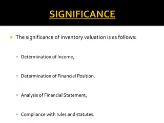 

The significance of inventory valuation is as follows:
 Determination of Income,

 Determination of Financial Position,

 Analysis of Financial Statement,

 Compliance with rules and statutes.

 