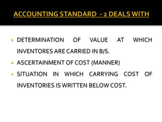 

DETERMINATION

OF

VALUE

AT

WHICH

INVENTORES ARE CARRIED IN B/S.


ASCERTAINMENT OF COST (MANNER)



SITUATION IN WHICH CARRYING COST OF
INVENTORIES IS WRITTEN BELOW COST.

 