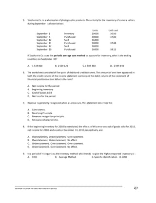 2I7INVENTORY VALUATION AND GROSS PROFIT AND RETAIL METHOD
5. Stephanie Co. is a wholesaler of photographic products.The activity for the inventory of camera sellers
duringSeptember is shown below :
Units Unit cost
September 1 Inventory 20000 36.00
September 7 Purchased 30000 37.00
September 12 Sold 36000
September 21 Purchased 50000 37.88
September 22 Sold 38000
September 29 Purchased 16000 38.11
If Stephanie Co. uses the periodic average cost method to accountfor inventory, what is the ending
inventory on September 30?
A. 1 534 000 B. 1 569 120 C. 1 587 360 D. 1 594 640
6. The worksheet consisted of five pairs of debitand creditcolumns.The amount of one item appeared in
both the creditcolumn of the income statement section and the debit column of the statement of
financial position section.Whatis theitem?
A. Net income for the period
B. Beginning Inventory
C. Cost of Goods Sold
D. Net loss for the period
7. Revenue is generally recognized when a saleoccurs.This statement describes the:
A. Consistency.
B. MatchingPrinciple.
C. Revenue recognition principle.
D. Relevance characteristic.
8. If the beginninginventory for 2010 is overstated, the effects of this error on cost of goods sold for 2010,
net income for 2010,and assets atDecember 31, 2010,respectively, are:
A. Overstatement, Understatement, Overstatement.
B. Overstatement, Understatement, No effect.
C. Understatement, Overstatement, Overstatement.
D. Understatement, Overstatement, No effect.
9. In a period of risingprices,theinventory method which tends to give the highest reported inventory is :
A. FIFO B. Average Method C. Specific Identification D. LIFO
 