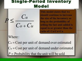 McGraw-Hill/Irwin © 2006 The McGraw-Hill Companies, Inc., All Rights Reserved.
13
Single-Period Inventory
Model
uo
u
CC
C
P
+
≤
soldbeunit willy that theProbabilit
estimatedunderdemandofunitperCostC
estimatedoverdemandofunitperCostC
:Where
u
o
=
=
=
P
This model states that we
should continue to increase
the size of the inventory so
long as the probability of
selling the last unit added is
equal to or greater than the
ratio of: Cu/Co+Cu
This model states that we
should continue to increase
the size of the inventory so
long as the probability of
selling the last unit added is
equal to or greater than the
ratio of: Cu/Co+Cu
 