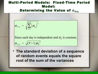 McGraw-Hill/Irwin © 2006 The McGraw-Hill Companies, Inc., All Rights Reserved.
26
Multi-Period Models: Fixed-Time Period
Model:
Determining the Value of σT+L
( )σ σ
σ
σ σ
T+L d
i 1
T+L
d
T+L d
2
=
Since each day is independent and is constant,
= (T+ L)
i
2
=
∑
 The standard deviation of a sequence
of random events equals the square
root of the sum of the variances
 